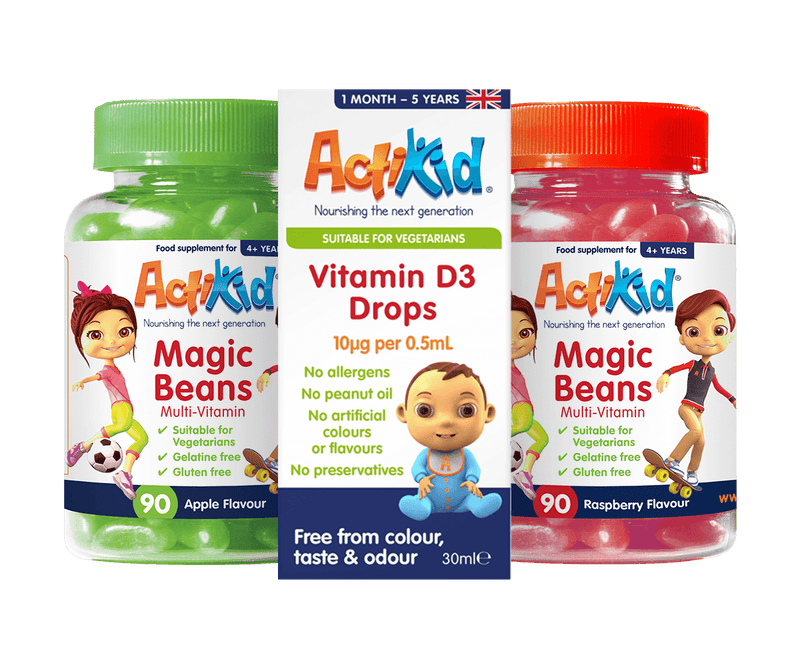 1x Magic Beans Apple Flavour 90, 1x Magic Beans Raspberry 90, 1x Vitamin D3 Drops 30ML